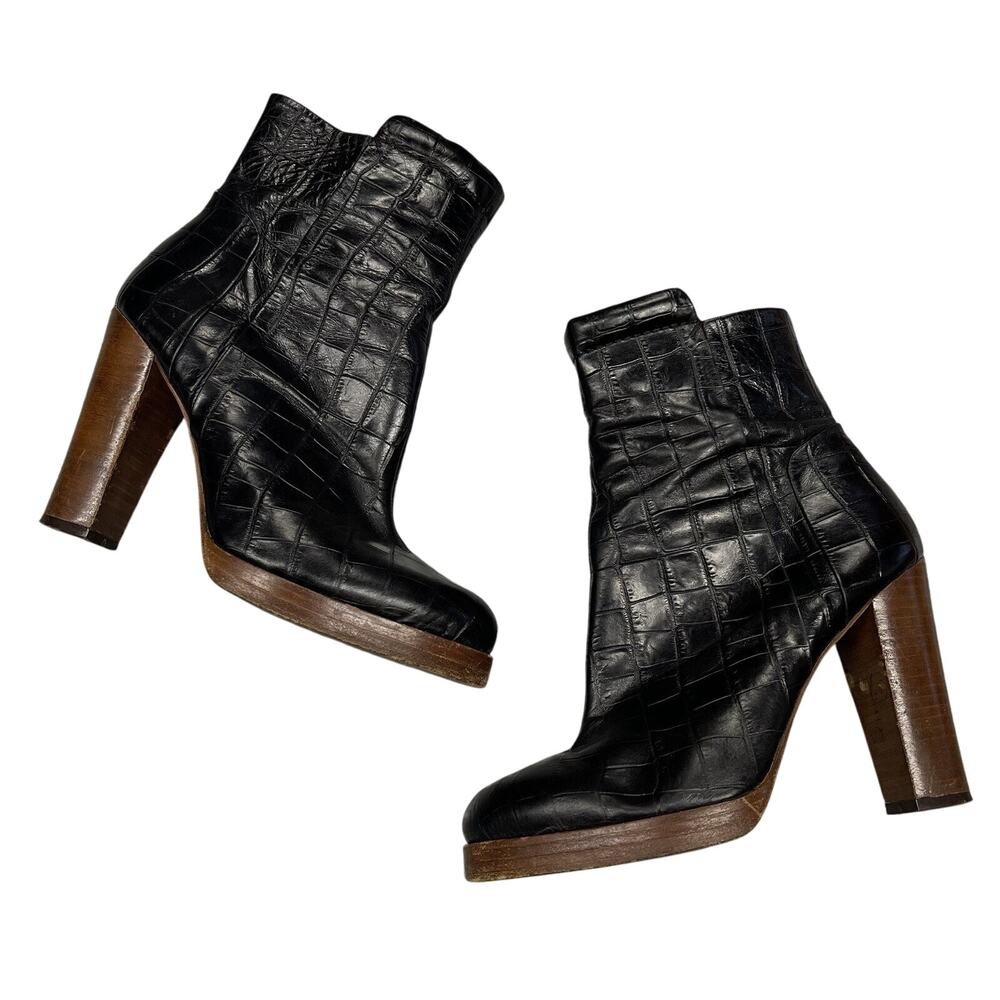 Marlene Birger Ankle Boots High Heel Wood Leather Anthropologie Croc Pattern